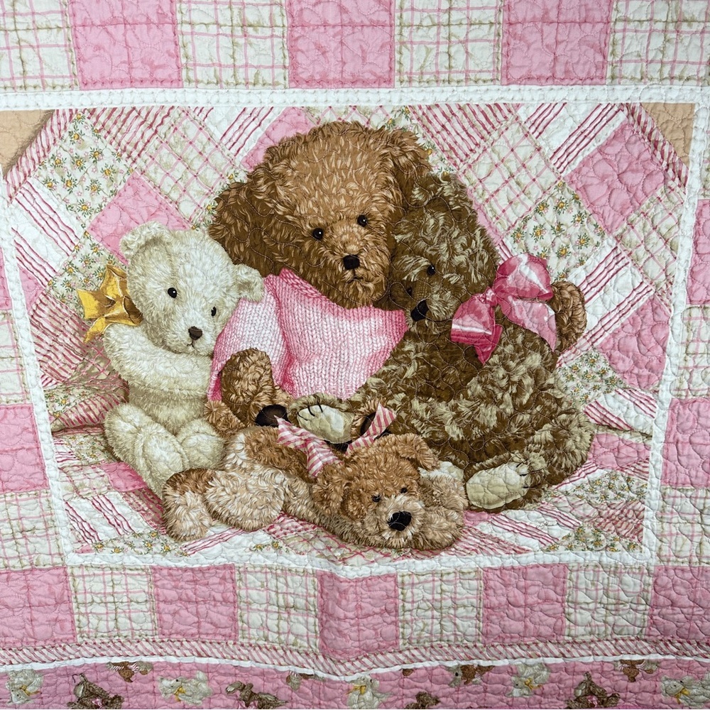 Teddy Bear Handmade Baby Quilt Crib Blanket 38”x43” Patchwork Pink White Nursery